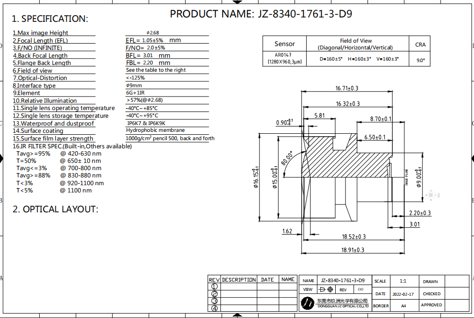 1.3/2MP OMS Car In-Cabin Lens Advanced Optical Design NIR Sensing Max Image HeightØ2.7,F/NO2.0