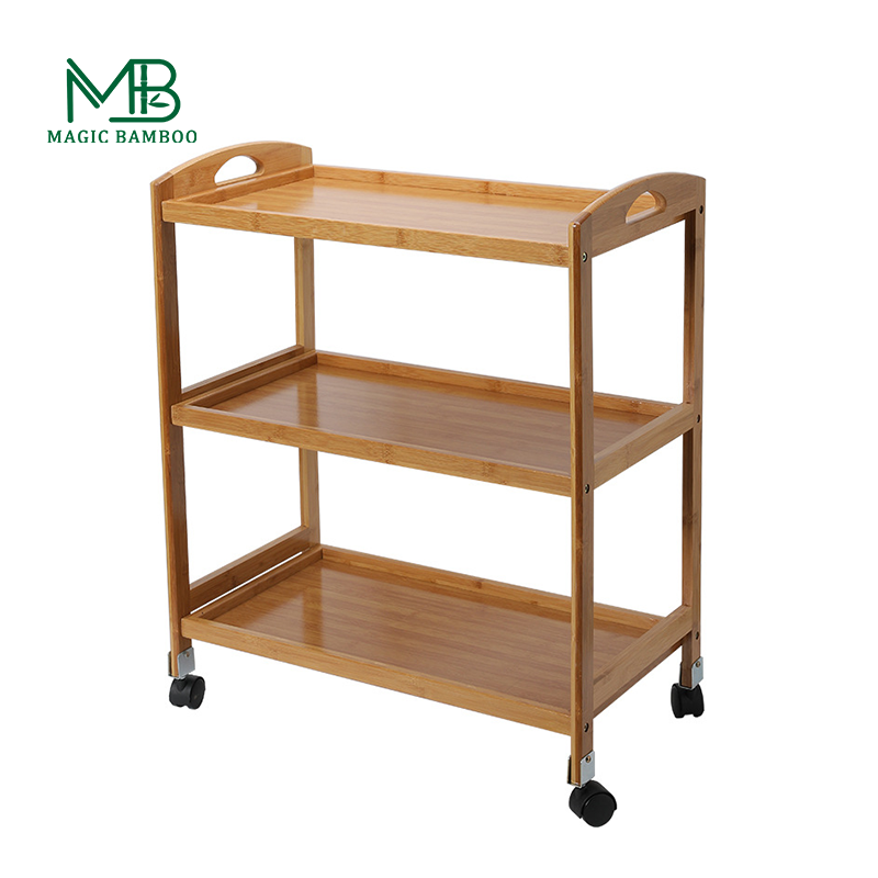 Direct Customized Logo 3 Tiers Island Cart for Hotel with Bamboo Material and Wheels