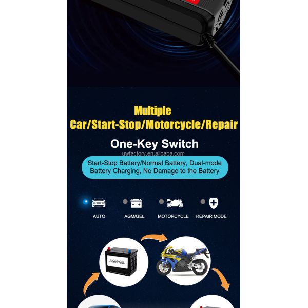 Lead Acid Battery Charger 90% Charging Efficiency 12V/1.25A Output Newest Pulse Repair with Automatic Function