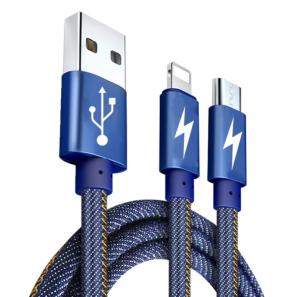 China 2 In 1usb Data Cable , Usb Data And Charging Cable Jeans Fabric For Android And Ios Phones on sale