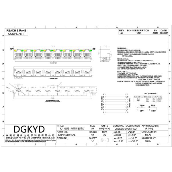 Shield Tab Up 1x8 Port Combo PCB Mount RJ45 Multiple Port Connectors With Y/G LED
