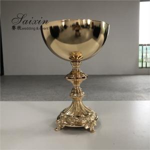 China Floral Trophy Shape Gold Trumpet Vase Metal Flower Stand Pot Round Wedding Decoration on sale