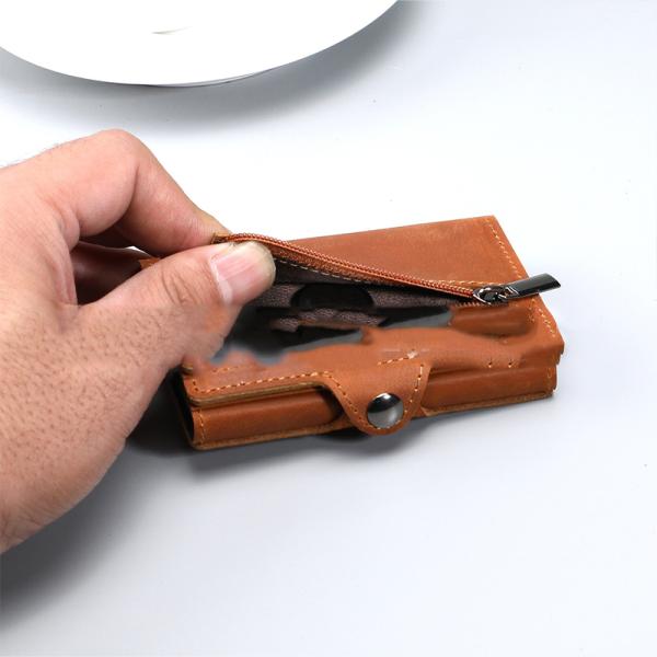 Low MOQ Mix Models Men'S PU Leather Card Holder With Aluminum Pop Up Design And Metal Box