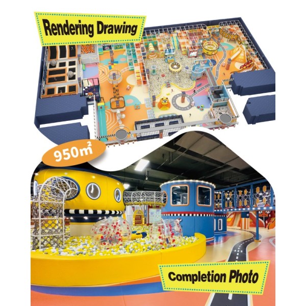 Traffic-themed children's play area with road elements and vehicle-inspired structures