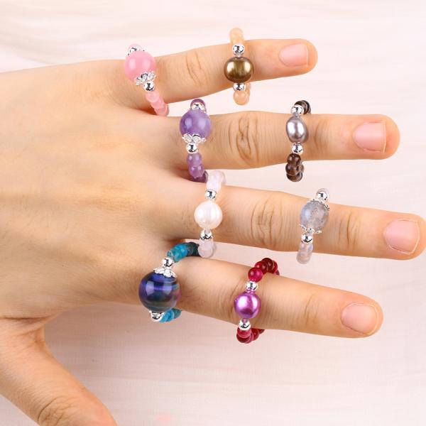 4mm Handmade Gemstone Beaded Ring Adjustable Elastic Sodalite Stone Ring With Peal Charm For Party Daily Wearing