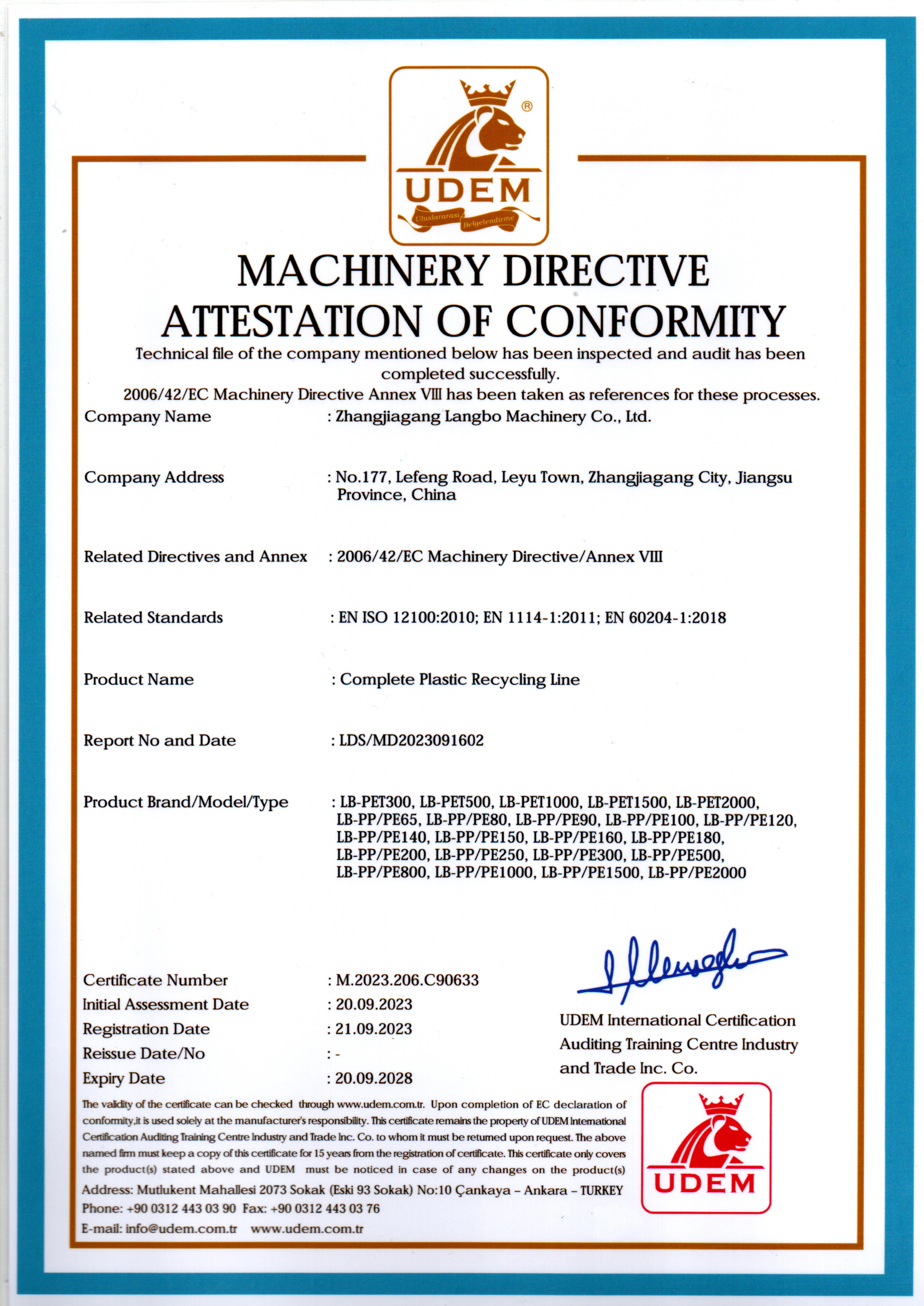 Zhangjiagang Langbo Machinery Co. Ltd. Certifications