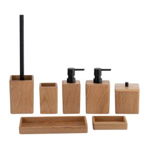 China Wood Bathroom Accessories Set Square And Rectangular Shape With Black Pump Head Soap Dish Soap Dispenser Tumbler on sale