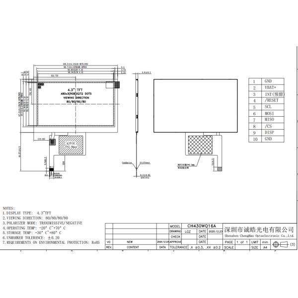 105.5mm Transmissive IPS 4.3 Inch TFT LCD Display SPI Interface