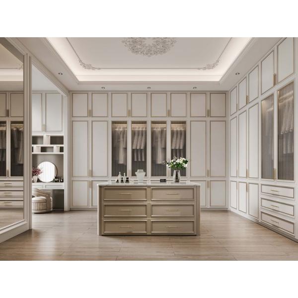 Durable Elegantly Crafted Custom Walk In Closet With Refined Gold Detailing