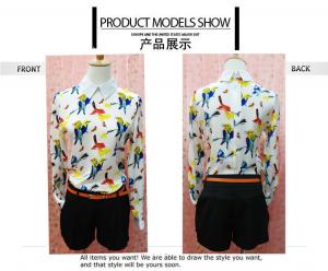 China Fashionable Style Bird Print Long Sleeves Peter pan Collar Chiffon Blouses For Ladies on sale