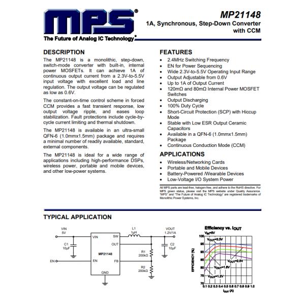 MP21148GQD-Z Switching Regulator Circuit MPS Electronic Components 0.6V 1 Output 1A 6-VFDFN
