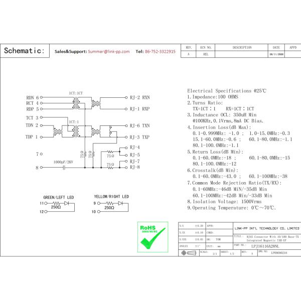 MAG45 Modular Jack 5-6605790-1 10 / 100Base-TX LPJ16116A42NL Leds With Capacitor