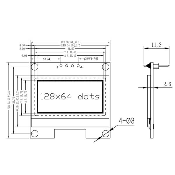 Passive Matrix 1.3 Inch I2C OLED Display 128x64 COG PCB 4 Pins