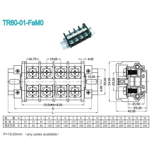 600V 60A Din Rail Mounted Terminal Blocks , 14.00mm Electrical Screw Terminal Blocks