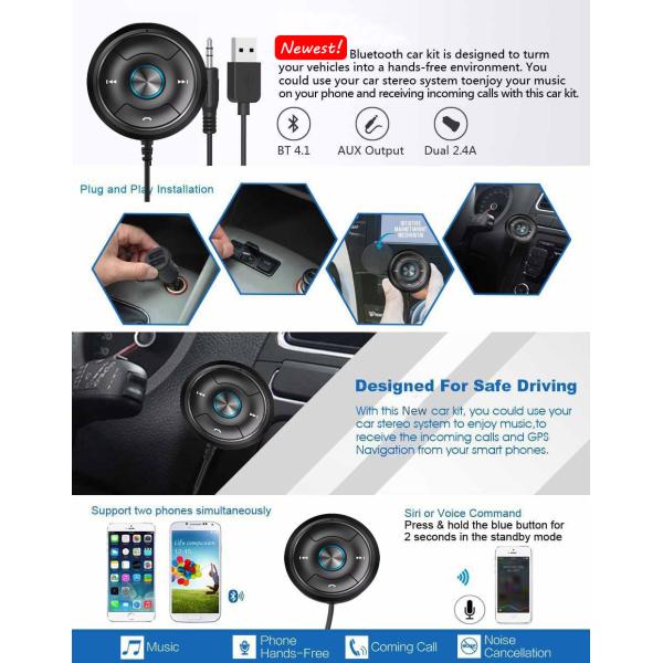 Via-Link Bluetooth Car Kit Hands-Free Wireless Talking & Music Streaming Receiver with Dual Port USB Car Charger