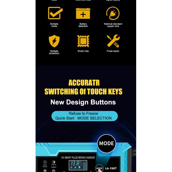 90% Charging Efficiency 12V 8A 10A 12A 15A Automatic Intelligent Pulse Repair Battery Charger with CE RoHS FCC Certified and Digital Display