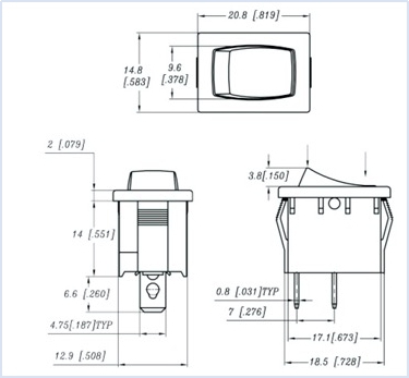RA(R19A) mini Rocker Switch with ear shaped housing, Panel size 21*15, UL VDE 10A 250V