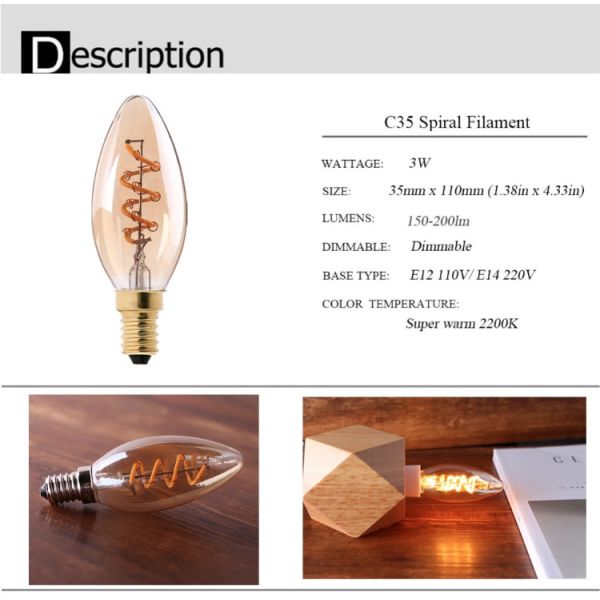 C35 Spiral LED Filament Bulb E14 E12 110V 220V 3W Vintage Edison Bulb Lamp