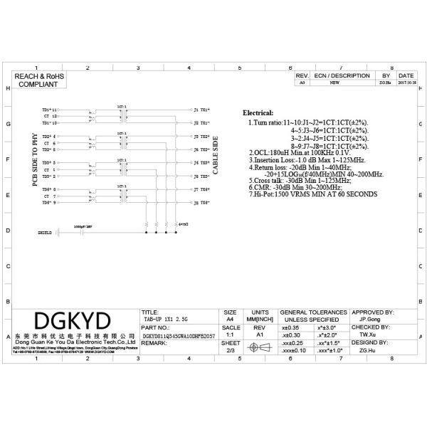 30U Magnetic 2.5G RJ45 Single Port With Shield Tab Up Motherboard RJ45 With Transformer