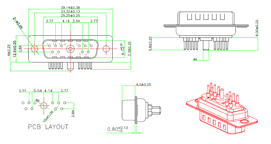 11W1 Combination D Sub Connectors male / female mixed High Current and Coaxial signal