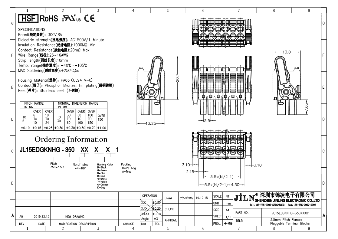 15EDGKNHBG M4.0 3.5mm Terminal Block Connector 2×NP Pluggable Female Header