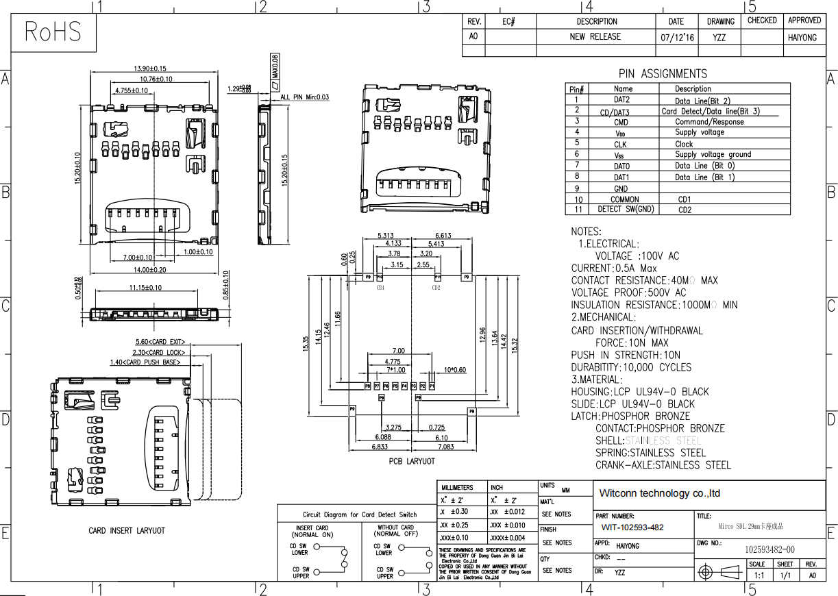 100V Electronic Components Connectors 0.5A Micro SD Card Socket Push Push