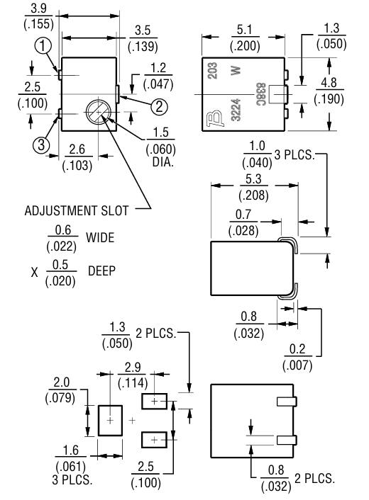 3224W-1-501E Trimmer Pot 500Ω 1W Cermet Element 3224W Case Sealed Construction Side Adjust J-Hook Termination ±10% Tolerance PCB Mount Reliable