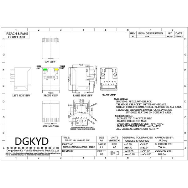 DGKYD511B207AB2A1DP068 180 Degree Notched RJ45 Connector Ethernet Filter POE 6U Network Interface