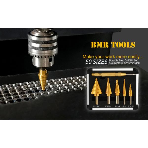 5PCS HSS Titanium Step Drill Bit Set with Automatic Center Punch and Multiple Hole 50 Inch Sizes