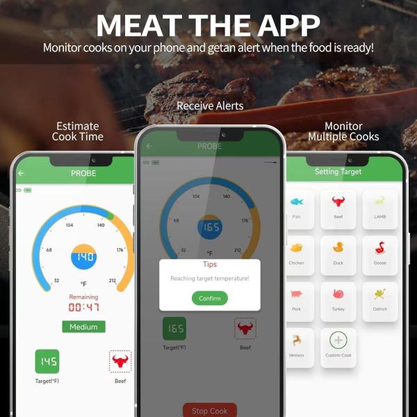 Long distance 150m Remote Smart Bbq Thermometer Instant Read Digital Bluetooth 5.0 Wireless Meat Thermometer 10 Modes Meat Thermometer