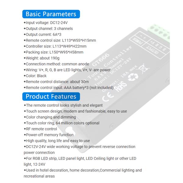 Gt666 Touch LED RGB Controller RF Wireless For LED Strip Light