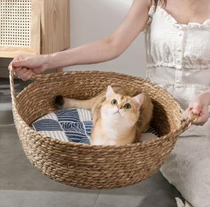 Quality Natural Handmade Braided Cattail Bamboo Cat Bed With Soft Cushion for sale