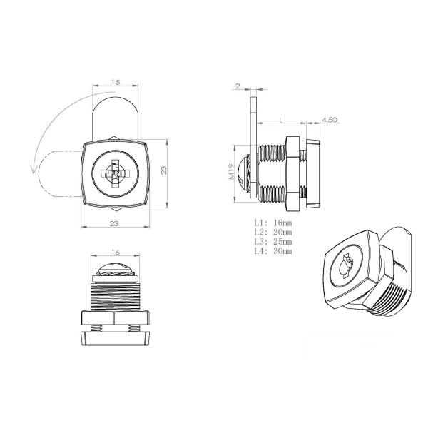 Square Face Letterbox Cabinet Cam Locks 90 Degree Turn Cam Locks