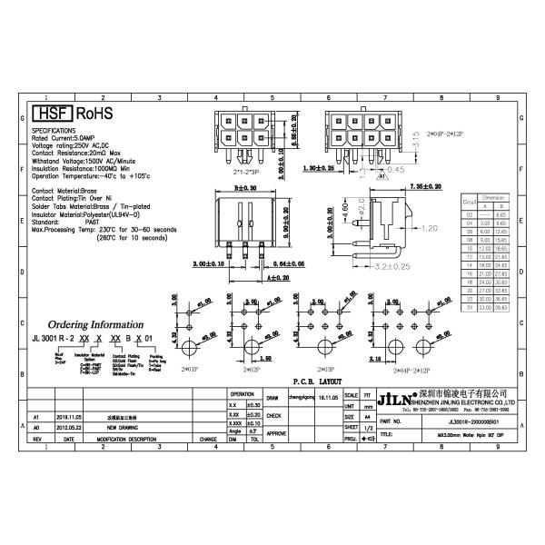 MX3.0 Wafer Right Angle Header Connector Dual Row Tin Plated LCP Material