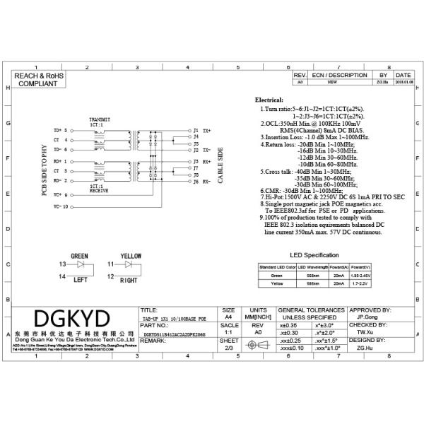 DGKYD511B412AC2A2DPK2068 RJ45 180 Degree Direct Plug Network Interface 10p10c RJ45 With Light