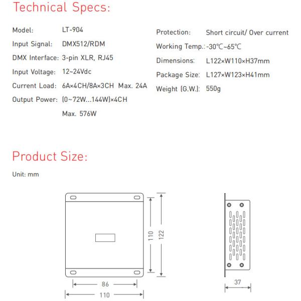 550g LED DMX Decoder , 4 Channel Dmx Decoder RDM Remote Management Protocol