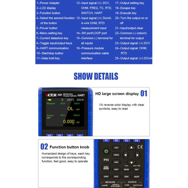 VICTOR 26 Multifunction Process Calibrator Signal Generator With Accuracy Of 0.01% 5 Digits Display 24V loop circuit IP65
