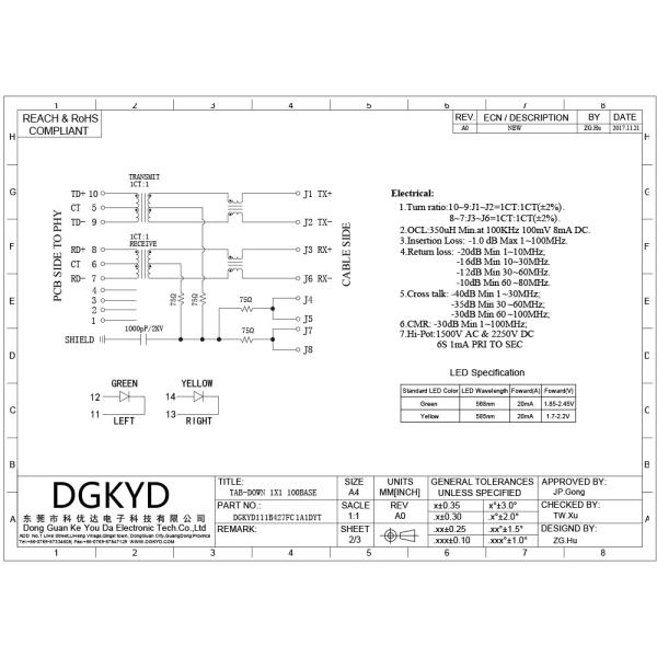 Modular Single Port RJ45 DIP Connector With LED