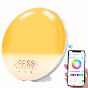 China 2022 New Smart APP Sunrise Wake up Light Alarm Clock with 8 Natural Music Sunrise Simulation Bedside Night light with FM on sale