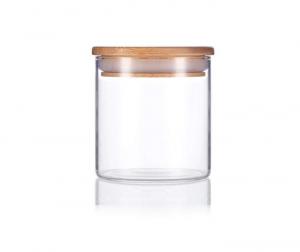China 16oz Wooden Lid Glass Jar Clear Herb Storage Jar Suction High Borosilicate Glass on sale