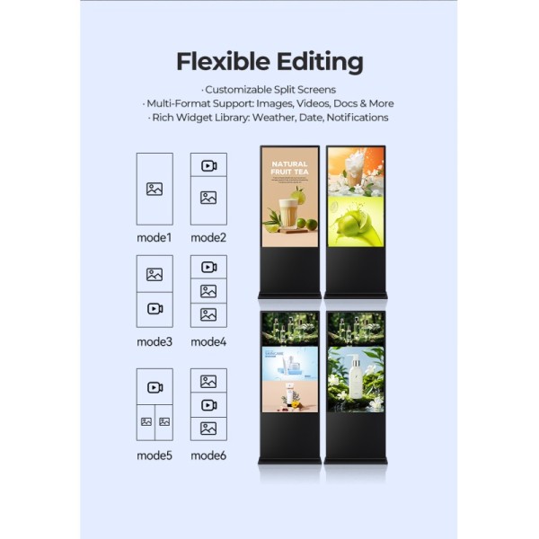 Android WiFi Connection Customized Floor Standing Digital Signage Text Graphics Display Function