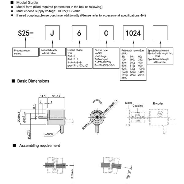 S25 Rotary Encoder Solid Shaft 4mm D Type 1440 Resolution Line Driver 26LS31 Output