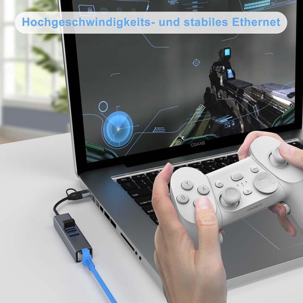 USB Type C LAN Adapter 6-in-2 USB C Hub with 3 USB 3.0 Ports and RJ45 Gigabit LAN Interface