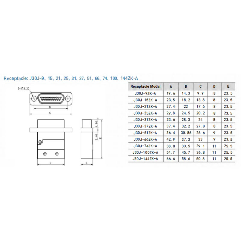 J30J-15ZKP-A3 Micro D Rectangular Connector 15 Socket Contacts Receptacle A3 Type