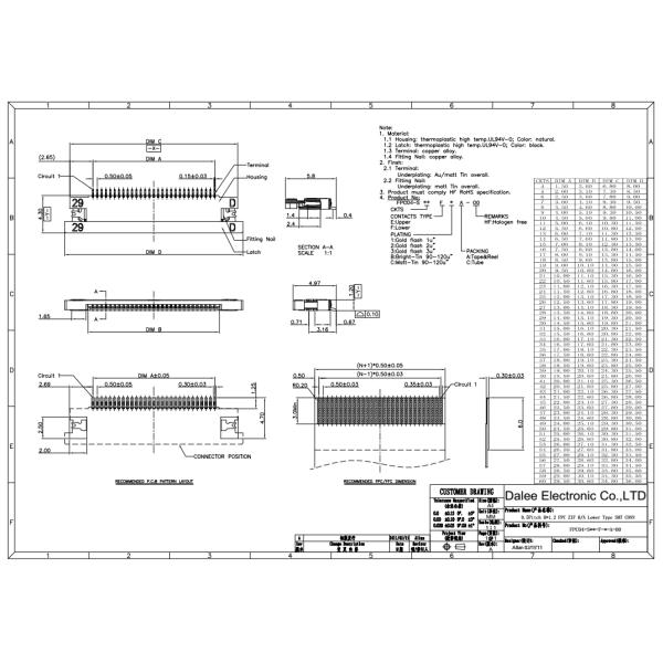 0.5mm Pitch FPC Cable Connector 1.2mm High ZIF R/A Lower Type ISO9001