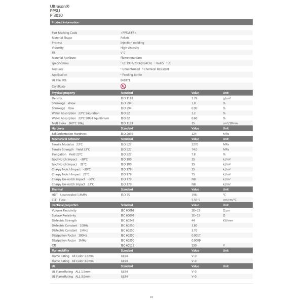 Baby Bottle PPSU Material Flame Retardant BASF PPSU Chemical Resistance