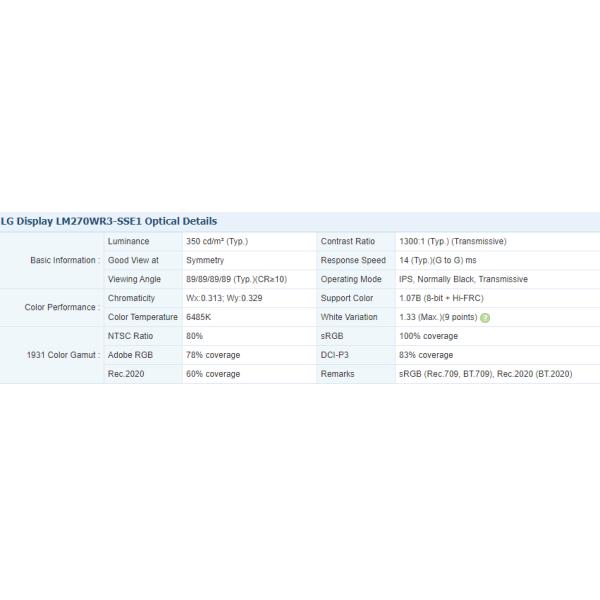 LM270WR3-SSE1 LG Display 27.0" 3840(RGB)×2160, 350 cd/m² INDUSTRIAL LCD DISPLAY