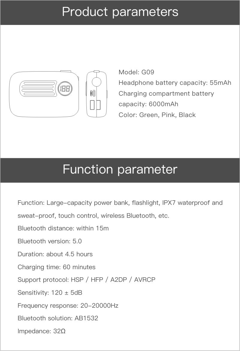 Bluetooth 5.0 True Wireless Earbuds G09 New Tws Ipx7 Waterproof Wireless Headphone (Dual USB 5000mAh power bank charging Case, support Android Type-C input)