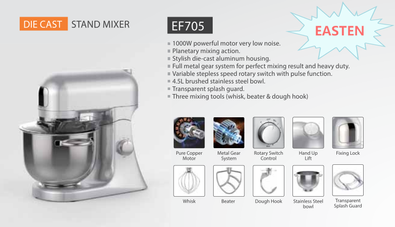 Easten 1000W Stand Mixer EF705 With Salad Maker /4.5 Liters Die Casting Stand Mixer With Meat Grinder