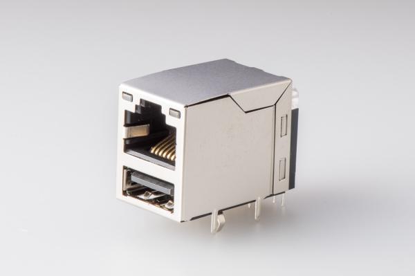 Buy Female Rj45 USB Connector 1 X 1 With Led And Emi Tab-Up Shielded 90 Degree Pcb Connector at wholesale prices